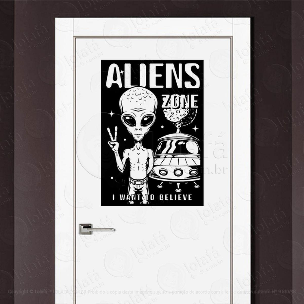 Zona Alienígena Eu Quero Acreditar Adesivo Alienígena de Parede para Quarto, Porta e Vidro Mod:79