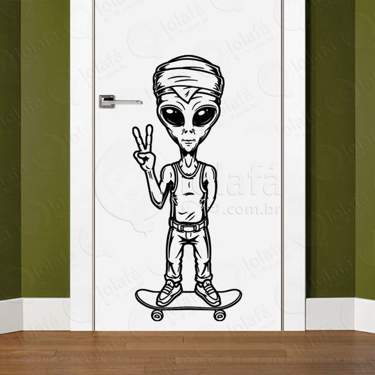 Alien Skatista Adesivo Alienígena de Parede para Quarto, Porta e Vidro Mod:82