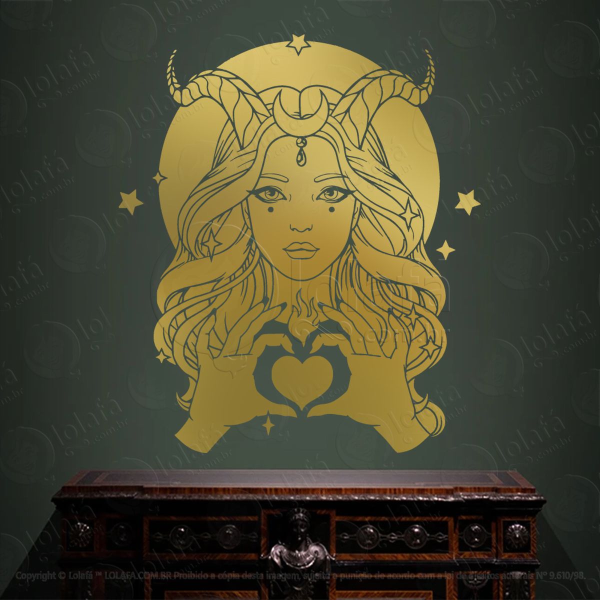 Coração de Mulher com Chifres Horned Woman Heart Adesivo de Parede Decorativo para Casa, Sala, Quarto, Vidro e Altar Ocultista Mod:26