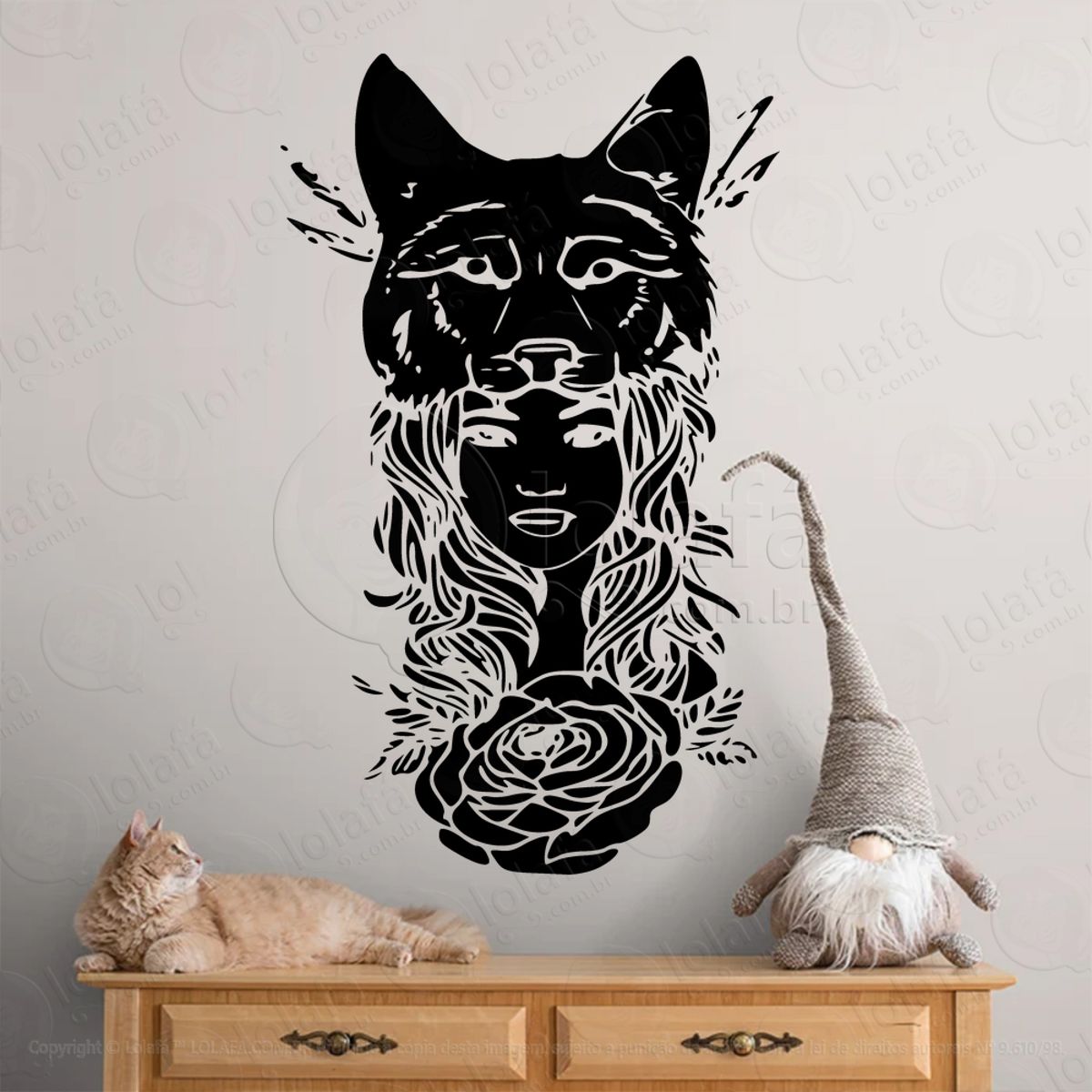 Mulher Lobo e Rosa Wolf Woman Adesivo de Parede Decorativo para Casa, Sala, Quarto, Vidro e Altar Ocultista Mod:79