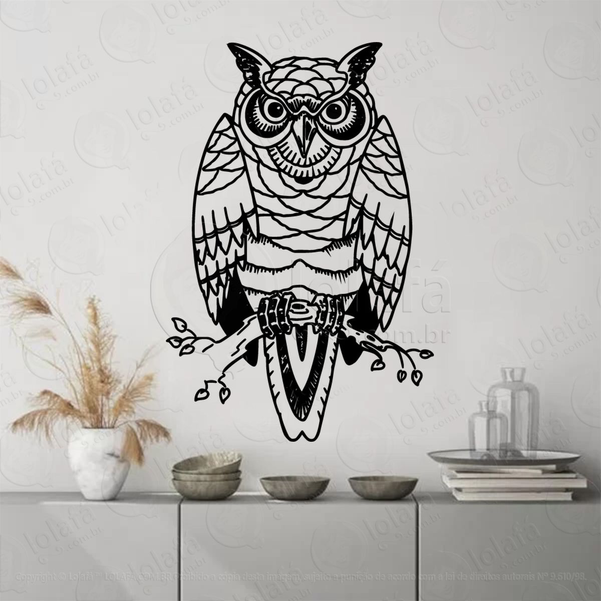 Coruja em um Galho Owl on a Branch Adesivo de Parede Decorativo para Casa, Sala, Quarto, Vidro e Altar Ocultista Mod:90