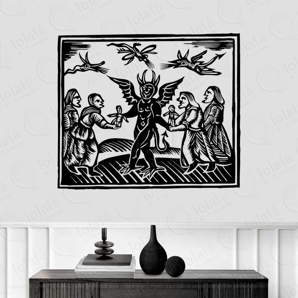 Xilogravura de Satanás Satan Woodcut Adesivo de Parede Decorativo para Casa, Sala, Quarto, Vidro e Altar Ocultista Mod:105