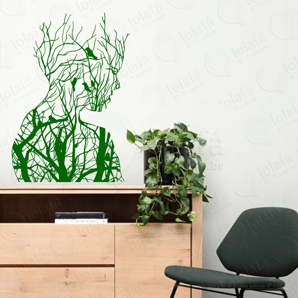 Mulher Árvore e Pássaros Tree Woamn Adesivo de Parede Decorativo para Casa, Sala, Quarto, Vidro e Altar Ocultista Mod:121