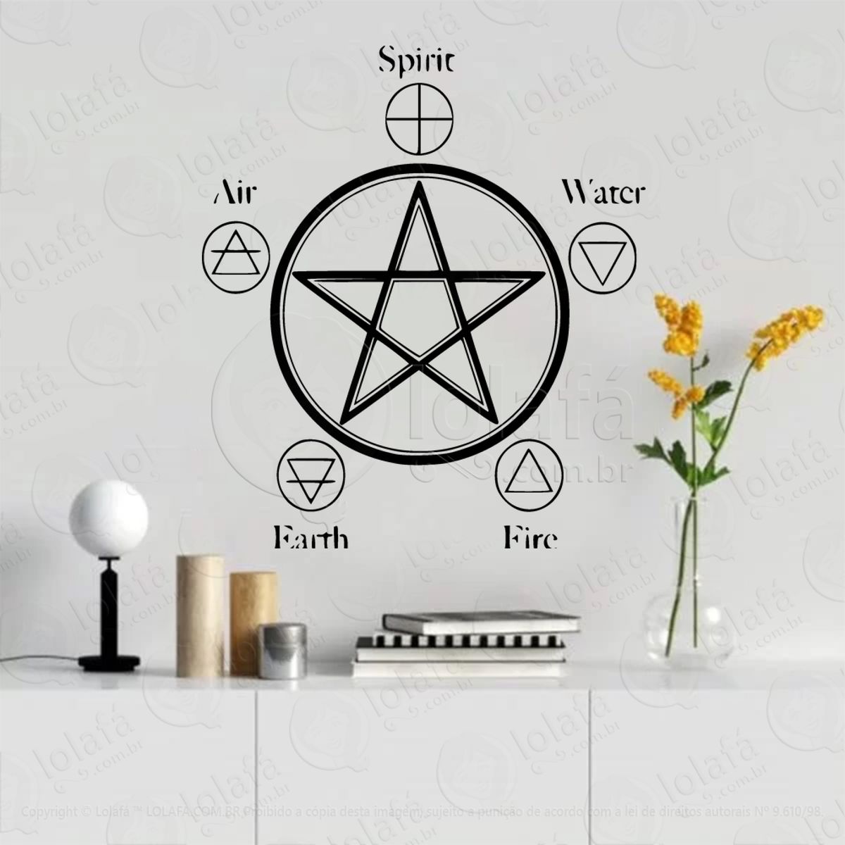 Símbolos Wiccanos Cinco Elementos Wiccan Symbols Adesivo de Parede Decorativo para Casa, Sala, Quarto, Vidro e Altar Ocultista Mod:136