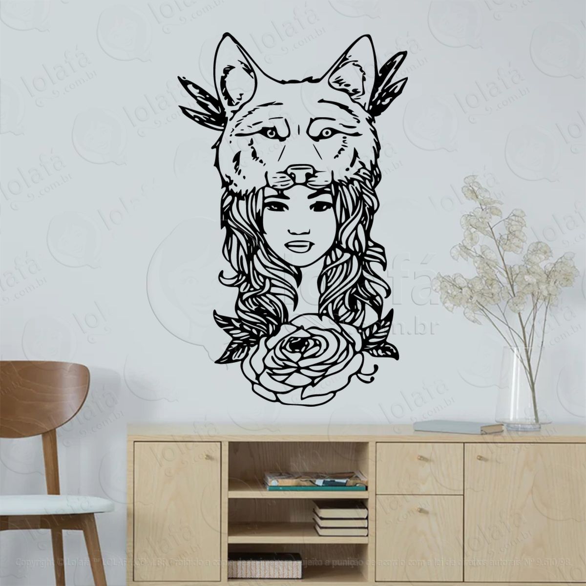 Mulher Lobo e Rosa Wolf Woman Rose Adesivo de Parede Decorativo para Casa, Sala, Quarto, Vidro e Altar Ocultista Mod:141