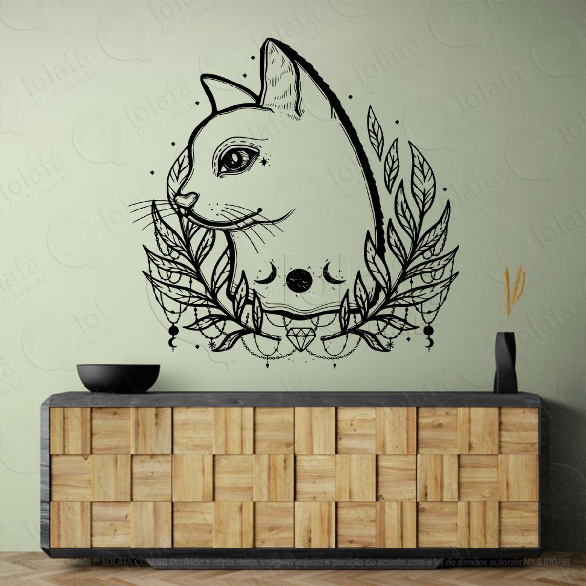 Gato com Loureiro Cat With Laurel Adesivo de Parede Decorativo para Casa, Sala, Quarto, Vidro e Altar Ocultista Mod:154