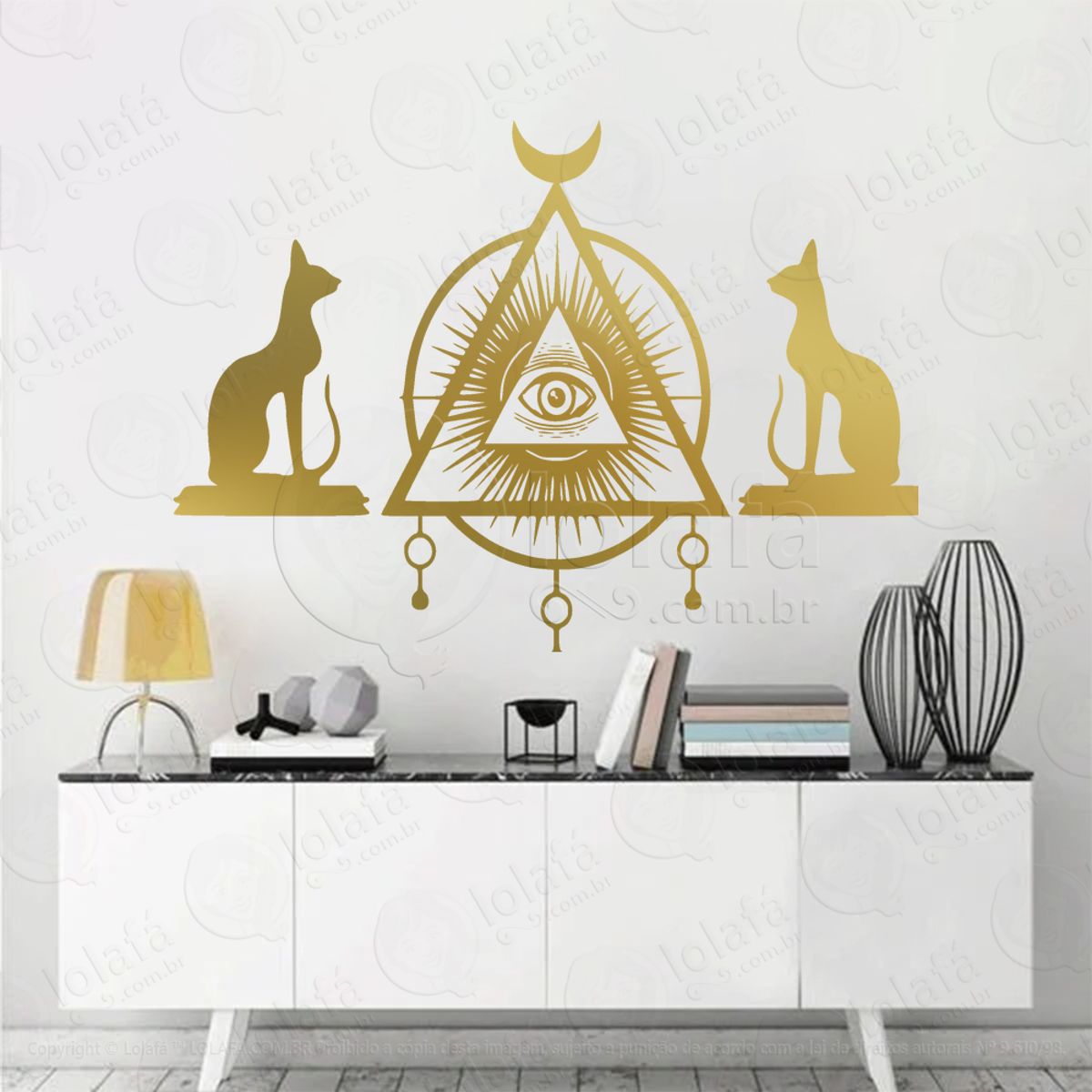 Olho da Pirâmide e Gatos Cats Pyramid Eye Adesivo de Parede Decorativo para Casa, Sala, Quarto, Vidro e Altar Ocultista Mod:156
