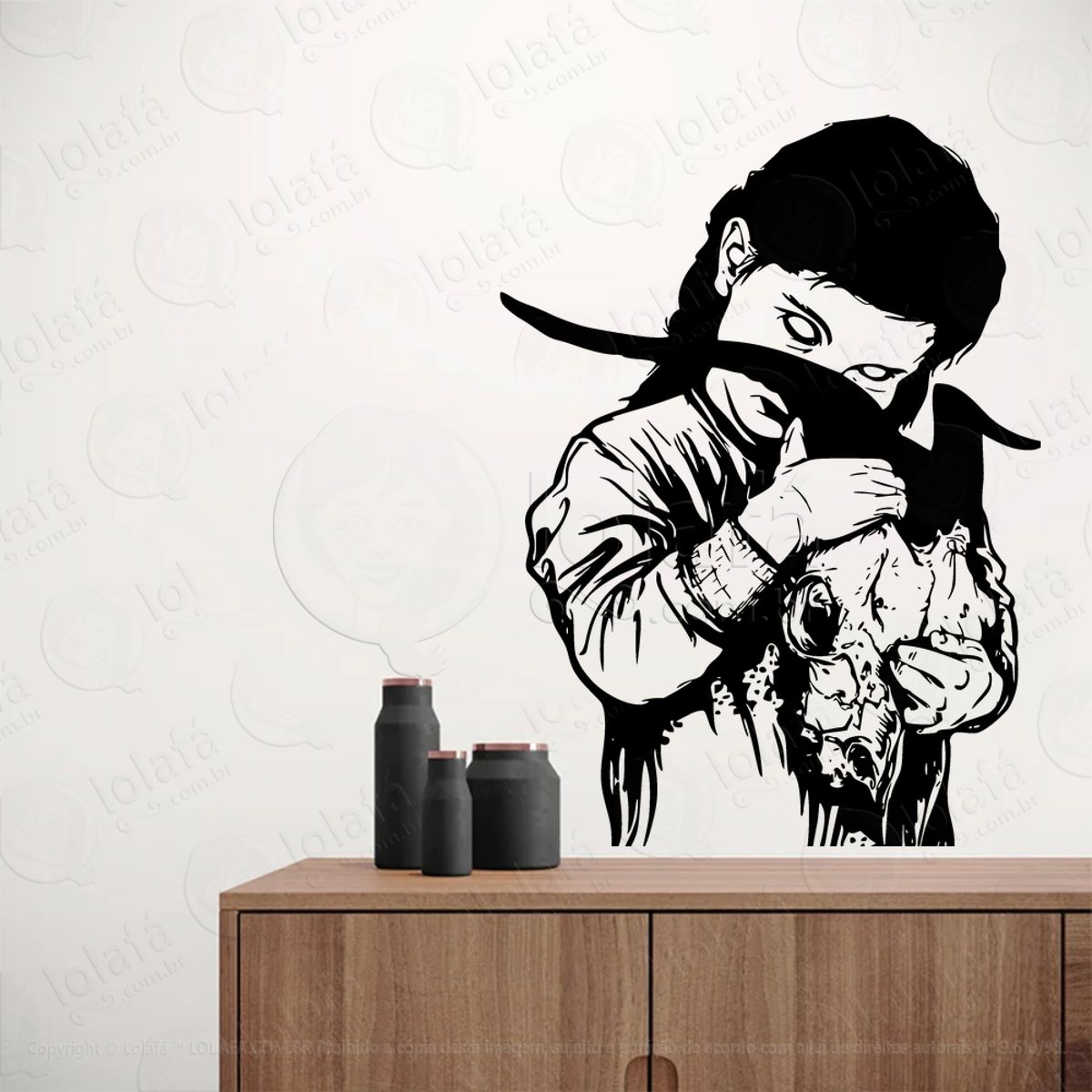 Garota Segurando Crânio de Bode Girl Holding Skull Adesivo de Parede Decorativo para Casa, Sala, Quarto, Vidro e Altar Ocultista Mod:174