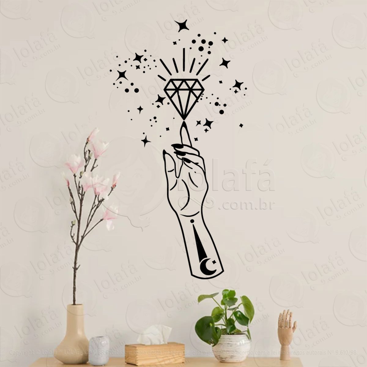 Mão e Cristal Hand and Crystal Adesivo de Parede Decorativo para Casa, Sala, Quarto, Vidro e Altar Ocultista Mod:184