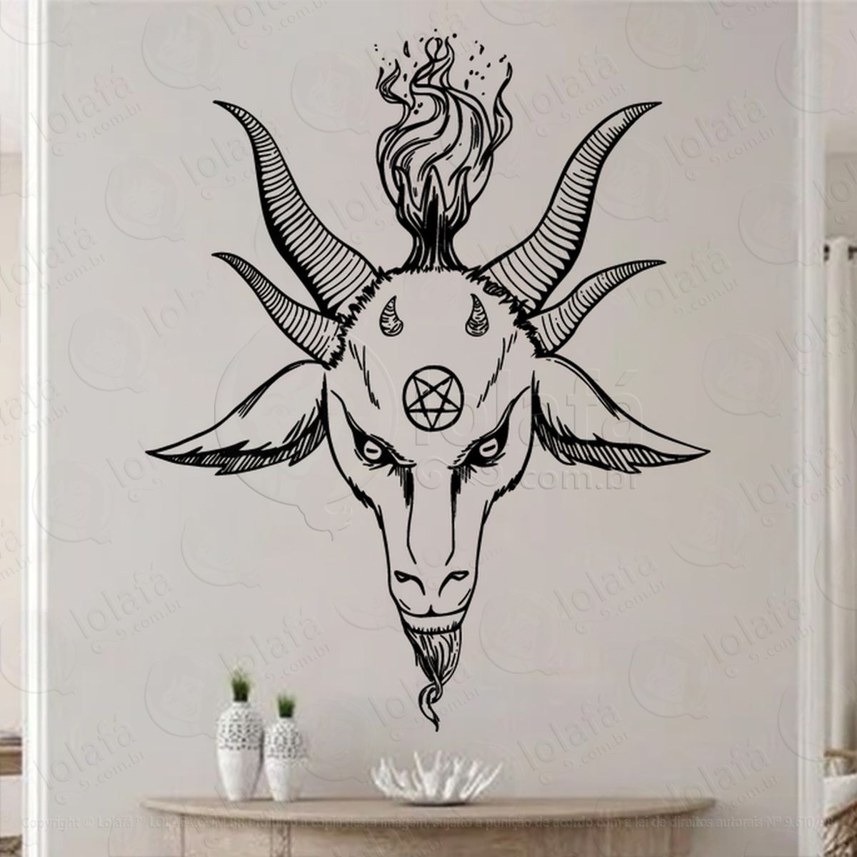 Cabeça de Baphomet Head Adesivo de Parede Decorativo para Casa, Sala, Quarto, Vidro e Altar Ocultista Mod:238