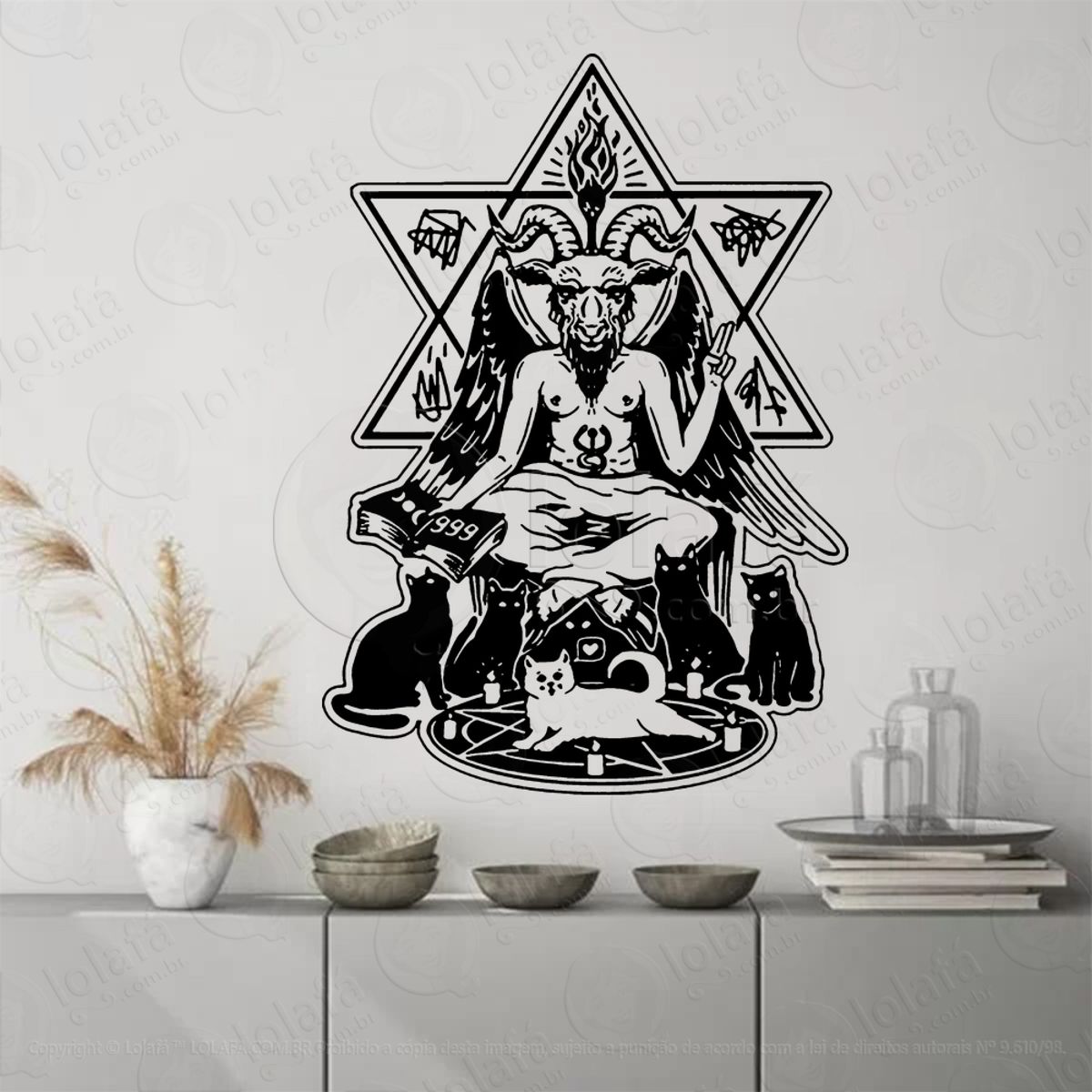 Baphomet com Gatinhos Adesivo de Parede Decorativo para Casa, Sala, Quarto, Vidro e Altar Ocultista Mod:280