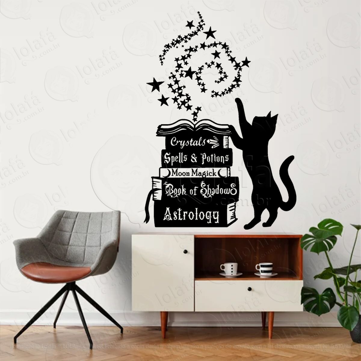 Gato com Livro das Sombras Bruxaria Book of Shadows Adesivo de Parede Decorativo para Casa, Sala, Quarto, Vidro e Altar Ocultista Mod:286