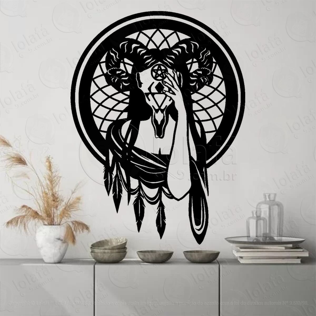 Caveira de Bruxa Gótica Filtro dos Sonhos Adesivo de Parede Decorativo para Casa, Sala, Quarto, Vidro e Altar Ocultista Mod:294