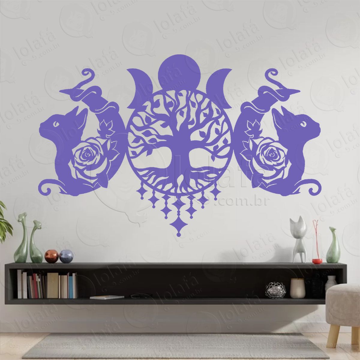Triluna Árvore da Vida Gatos Wicca Adesivo de Parede Decorativo para Casa, Sala, Quarto, Vidro e Altar Ocultista Mod:318