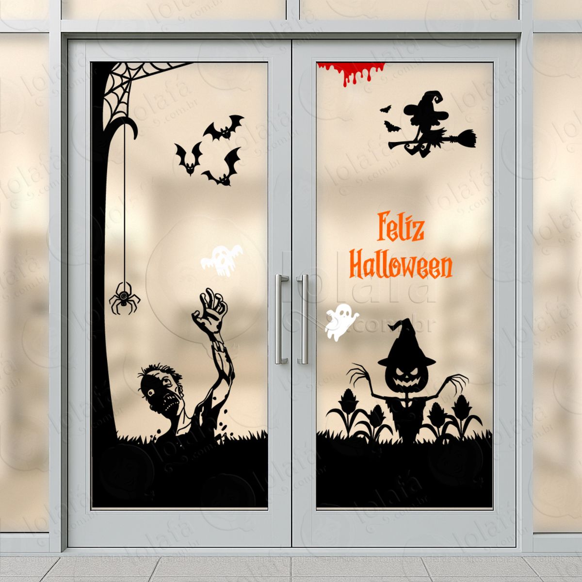 Cenário Feliz Halloween Zombie Bruxa Espantalho Morcegos e Árvore Adesivos Para Vitrine Halloween Mod:207