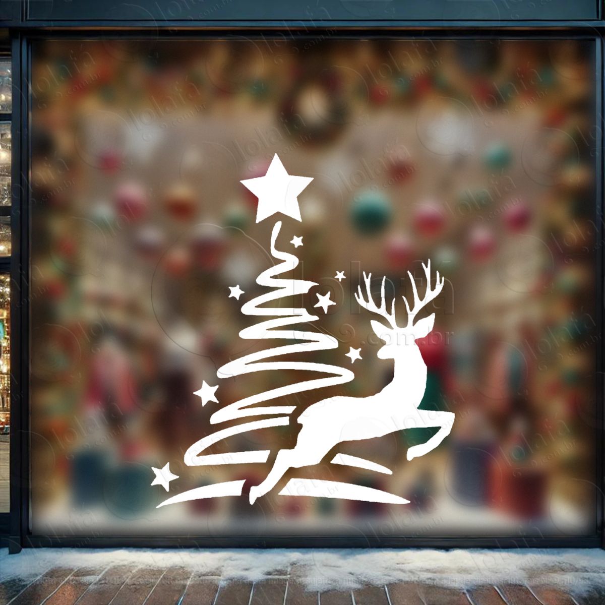 Árvore de Natal Pinheiro com Rena Adesivo de Natal para Vitrine, Parede, Porta - Fácil Remoção Mod:62