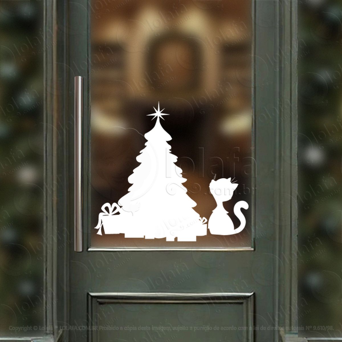 Árvore de Natal Pinheiro e Gato Pet Adesivo de Natal para Vitrine, Parede, Porta - Fácil Remoção Mod:71