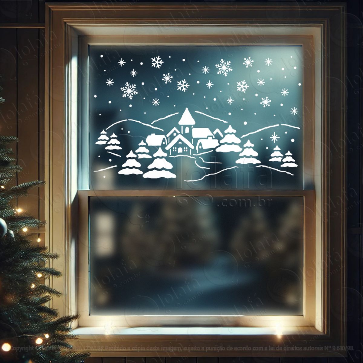Cenário da Cidade Nevando no Natal Adesivo de Natal para Vitrine, Parede, Porta - Fácil Remoção Mod:87
