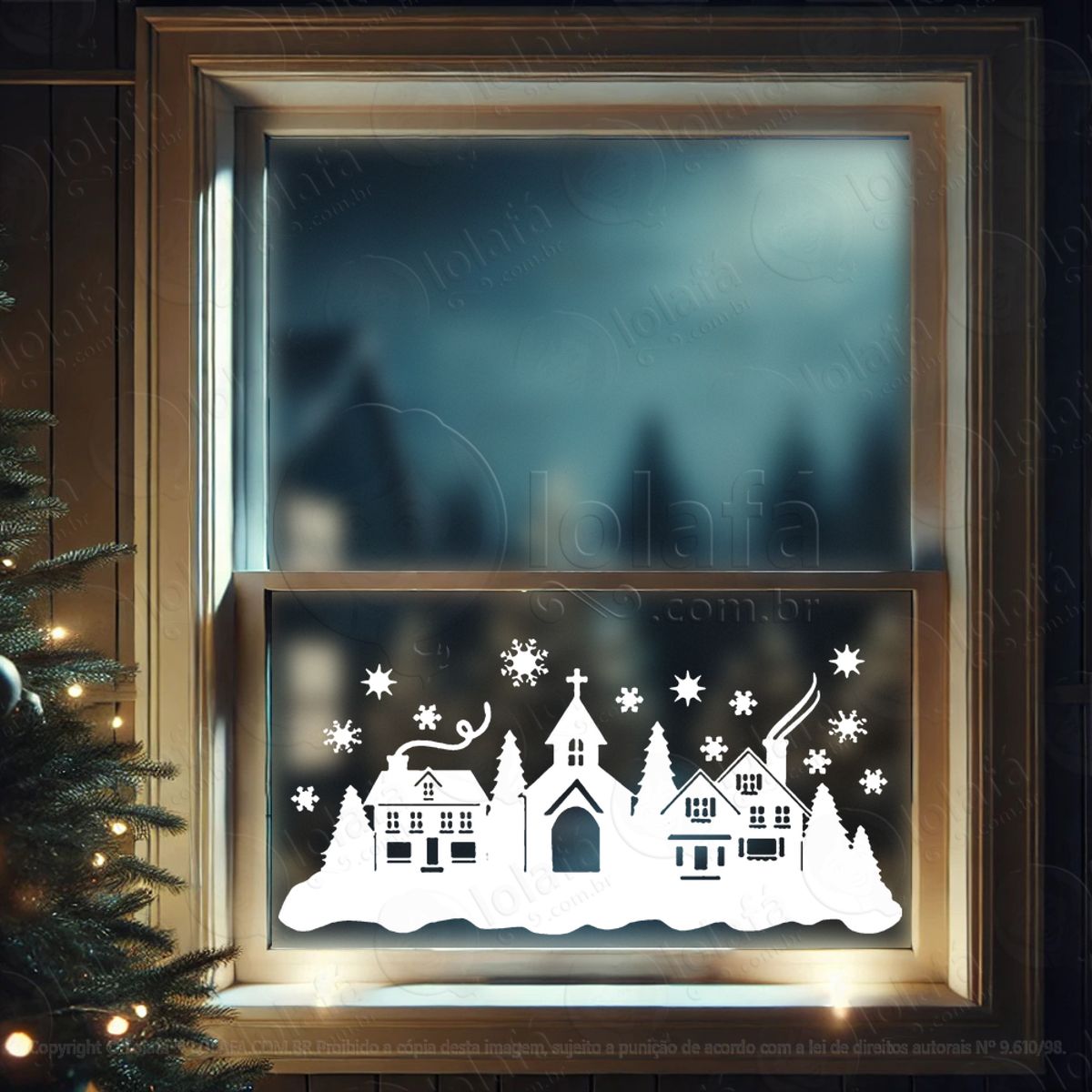 Cenário da Cidade Nevando no Natal Adesivo de Natal para Vitrine, Parede, Porta - Fácil Remoção Mod:88