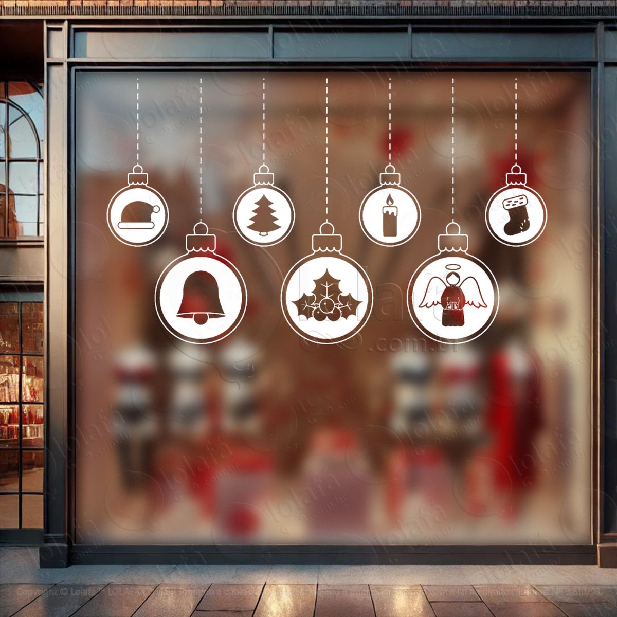 Cortina de Natal com Bolas Adesivo de Natal para Vitrine, Parede, Porta - Fácil Remoção Mod:114