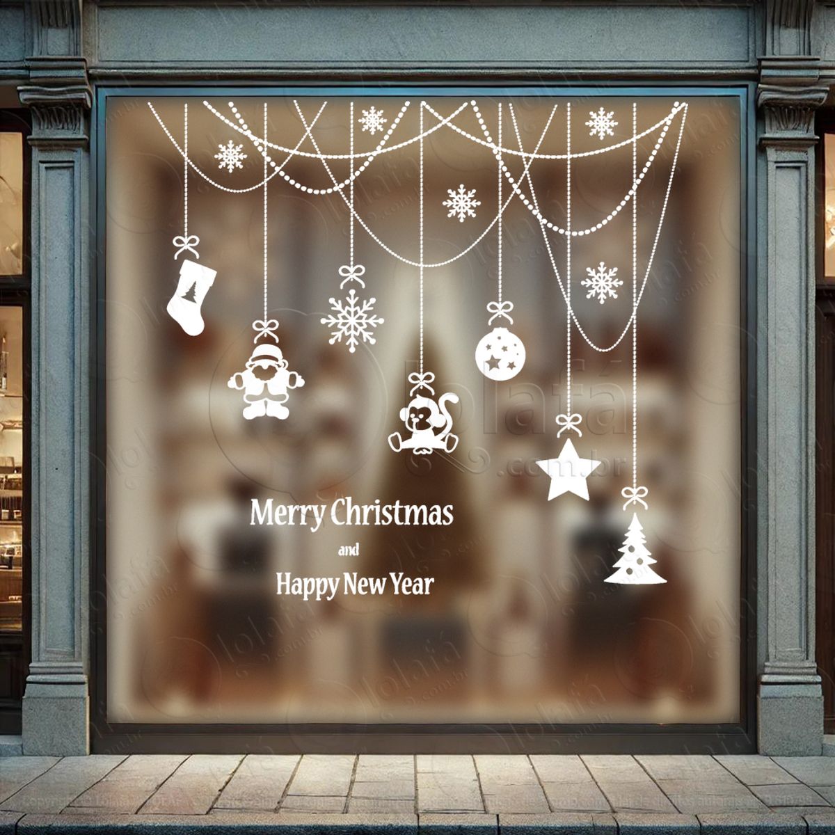 Cortina de Natal e Merry Christmas Adesivo de Natal para Vitrine, Parede, Porta - Fácil Remoção Mod:187