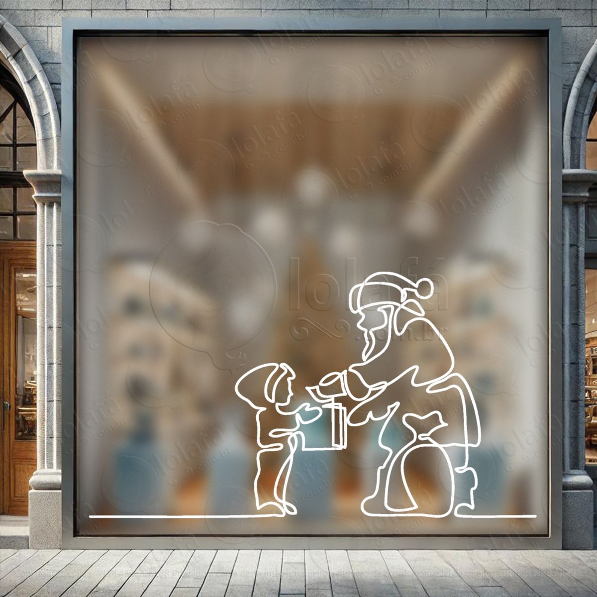 Papai Noel Presenteando Menino Adesivo de Natal para Vitrine, Parede, Porta - Fácil Remoção Mod:193