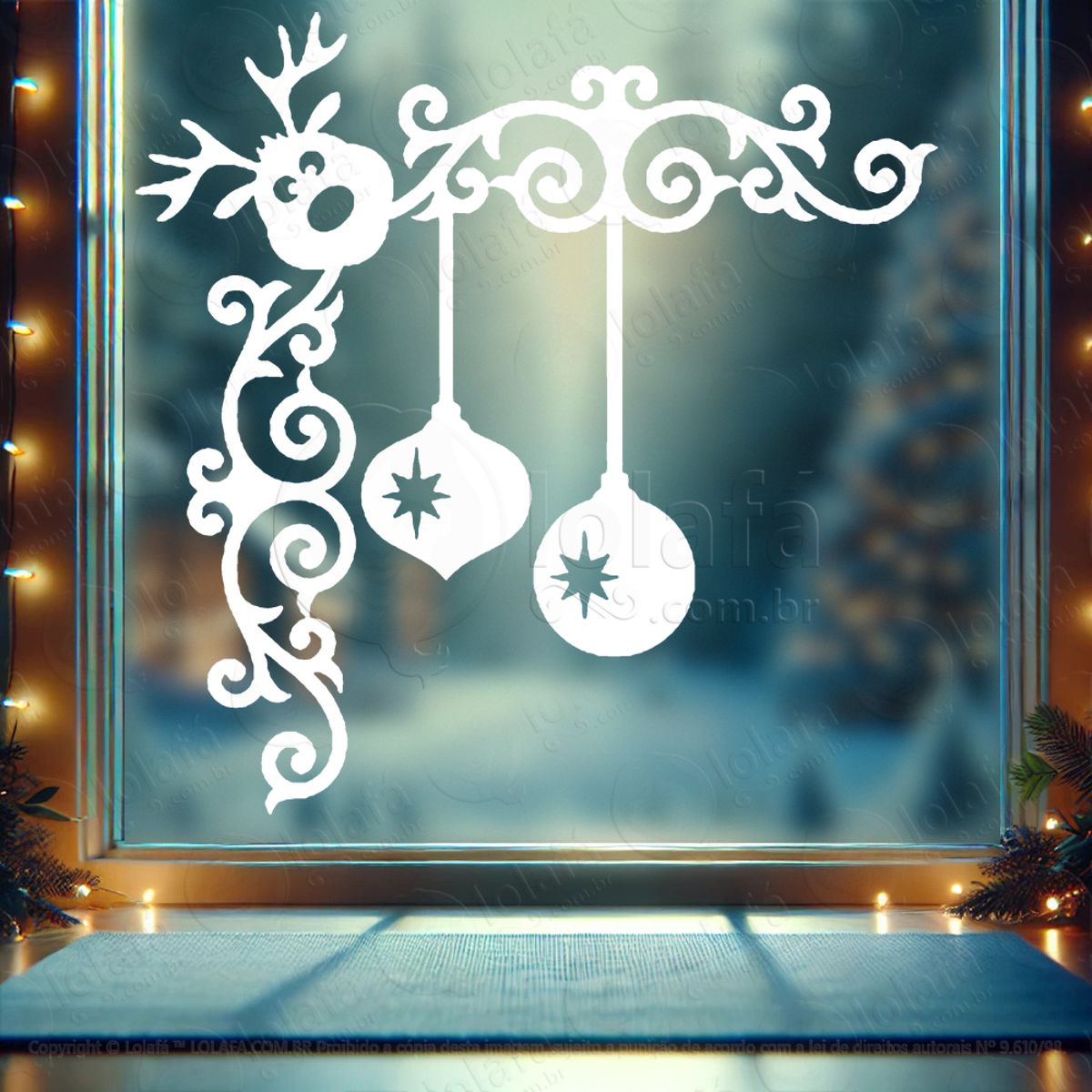 Arabesco de Natal com Bolas e Rena Adesivo de Natal para Vitrine, Parede, Porta - Fácil Remoção Mod:237