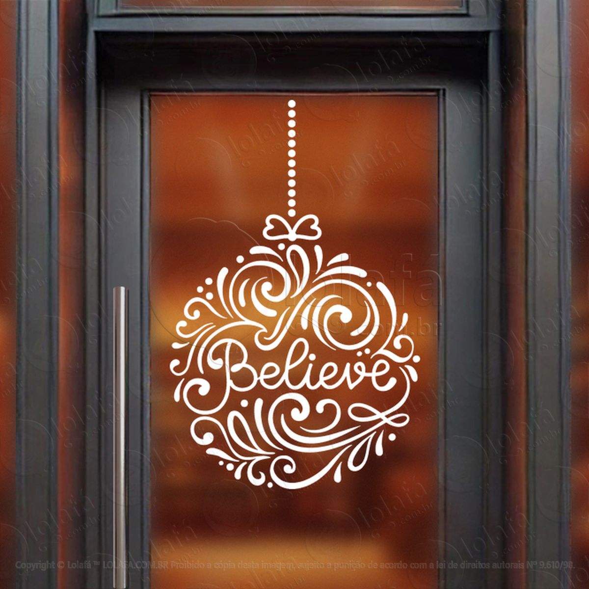 Bola de Natal com Frase Believe Adesivo de Natal para Vitrine, Parede, Porta - Fácil Remoção Mod:248