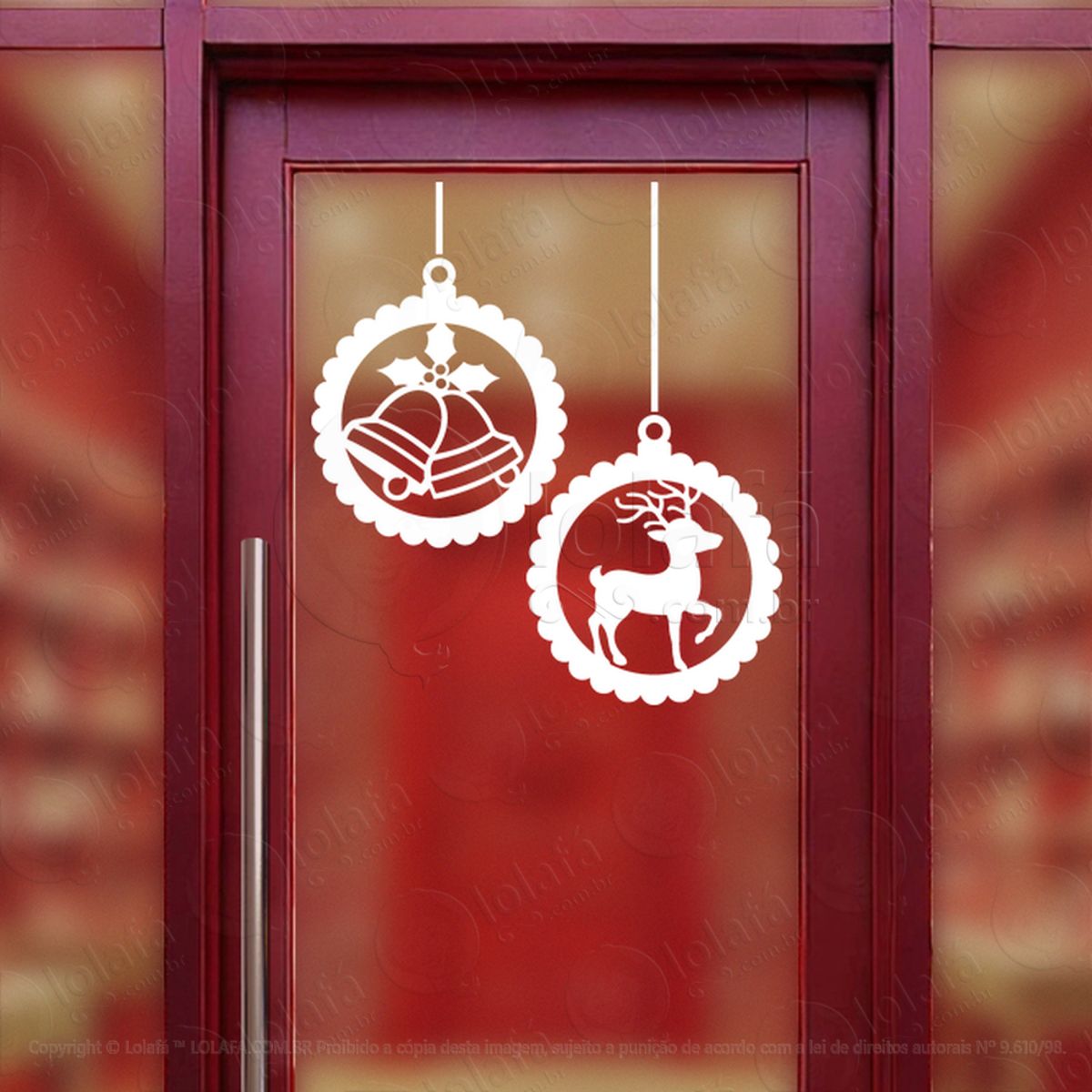 Bolas de Natal com Rena e Sinos Adesivo de Natal para Vitrine, Parede, Porta - Fácil Remoção Mod:271