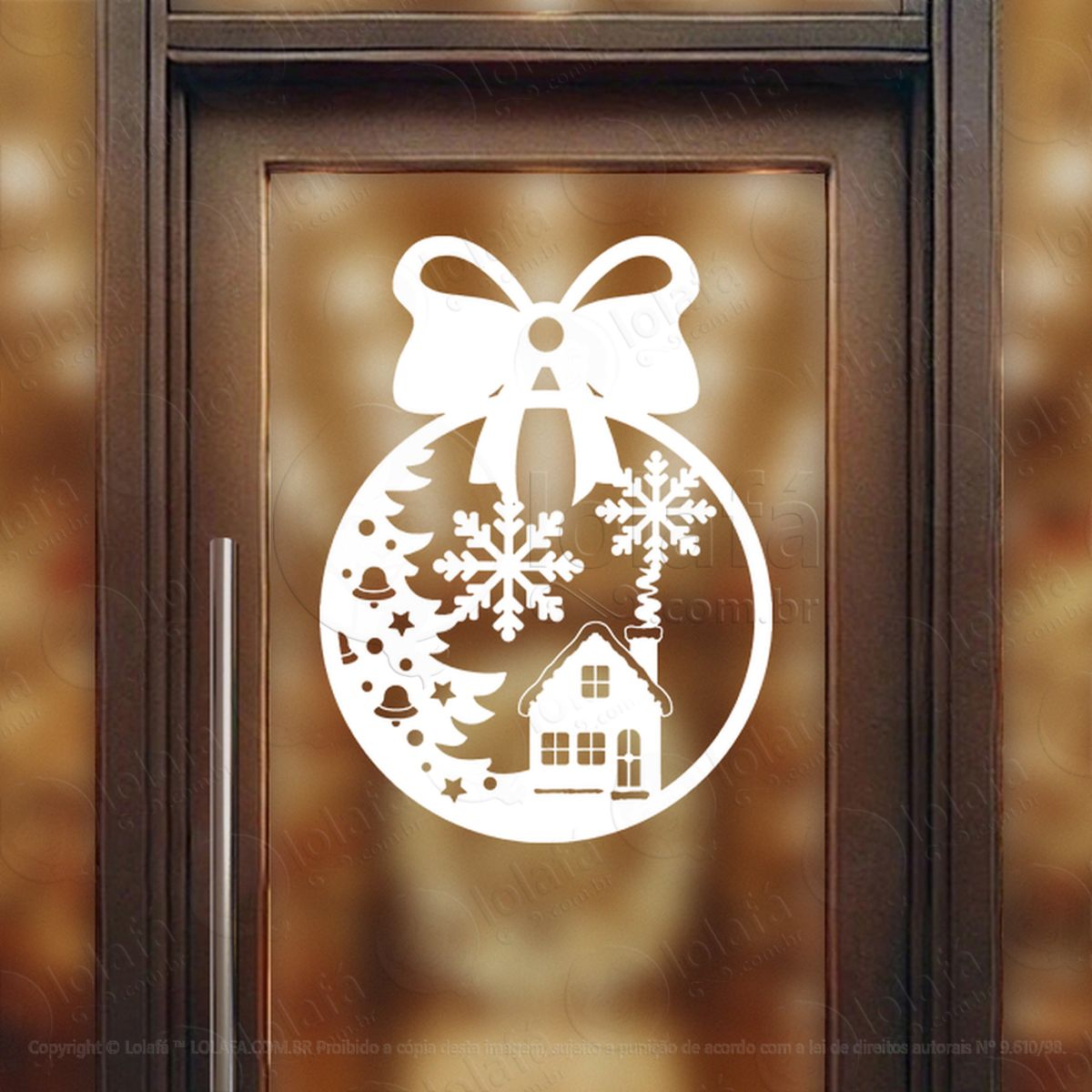 Bola de Natal com Casa e Flocos Adesivo de Natal para Vitrine, Parede, Porta - Fácil Remoção Mod:279