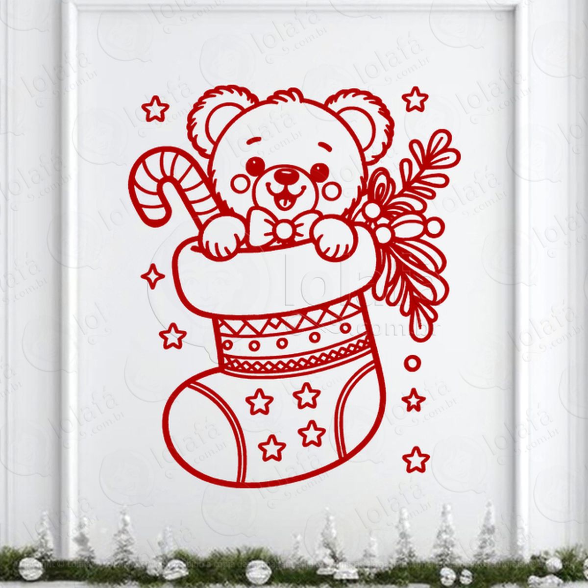 Meia de Natal com Urso e Bengala Adesivo de Natal para Vitrine, Parede, Porta - Fácil Remoção Mod:307