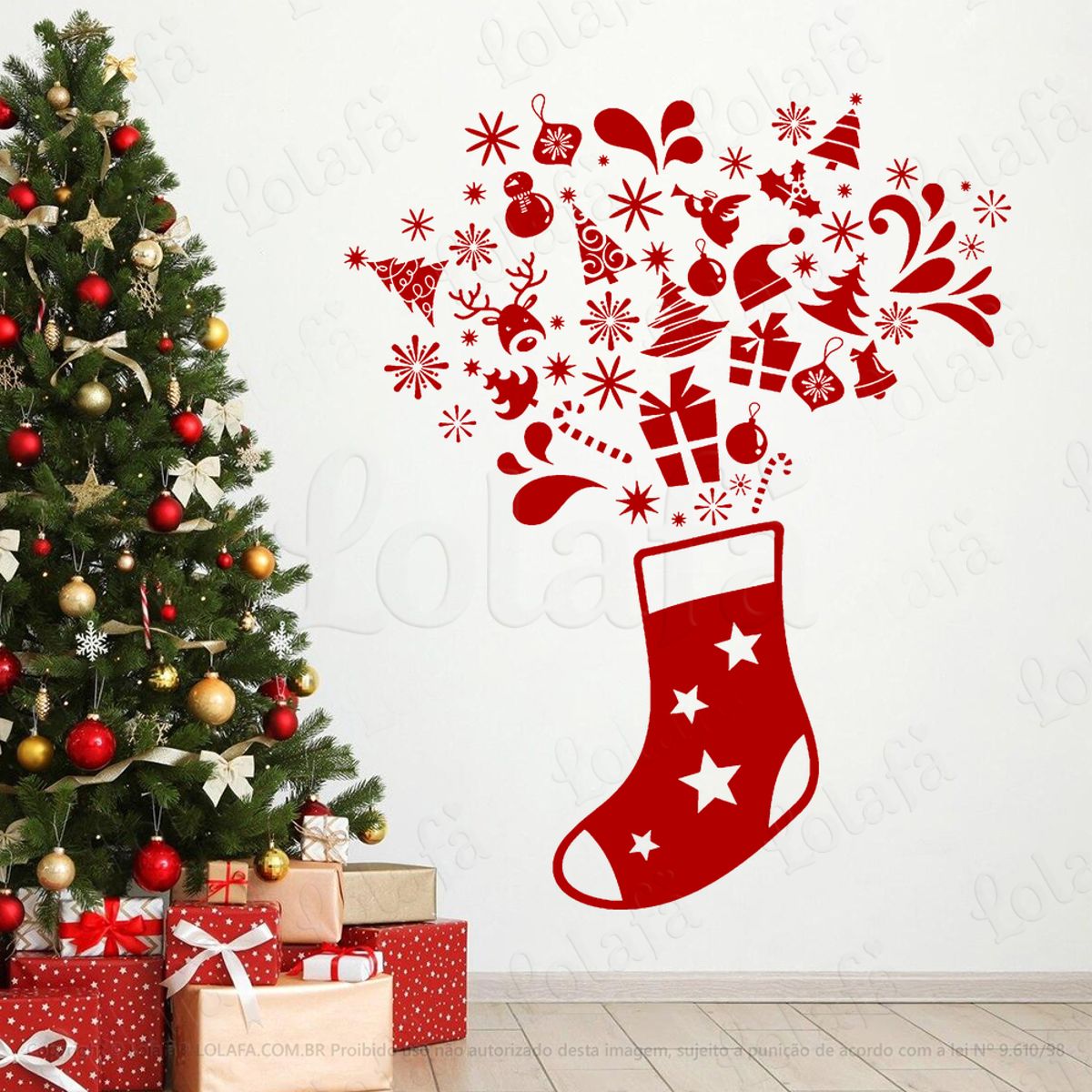 Meias de Natal com Enfeites Adesivo de Natal para Vitrine, Parede, Porta - Fácil Remoção Mod:310