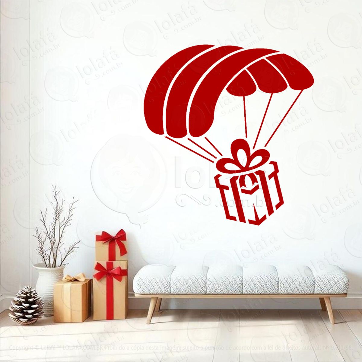 Presente Caindo de Paraquedas Adesivo de Natal para Vitrine, Parede, Porta - Fácil Remoção Mod:322