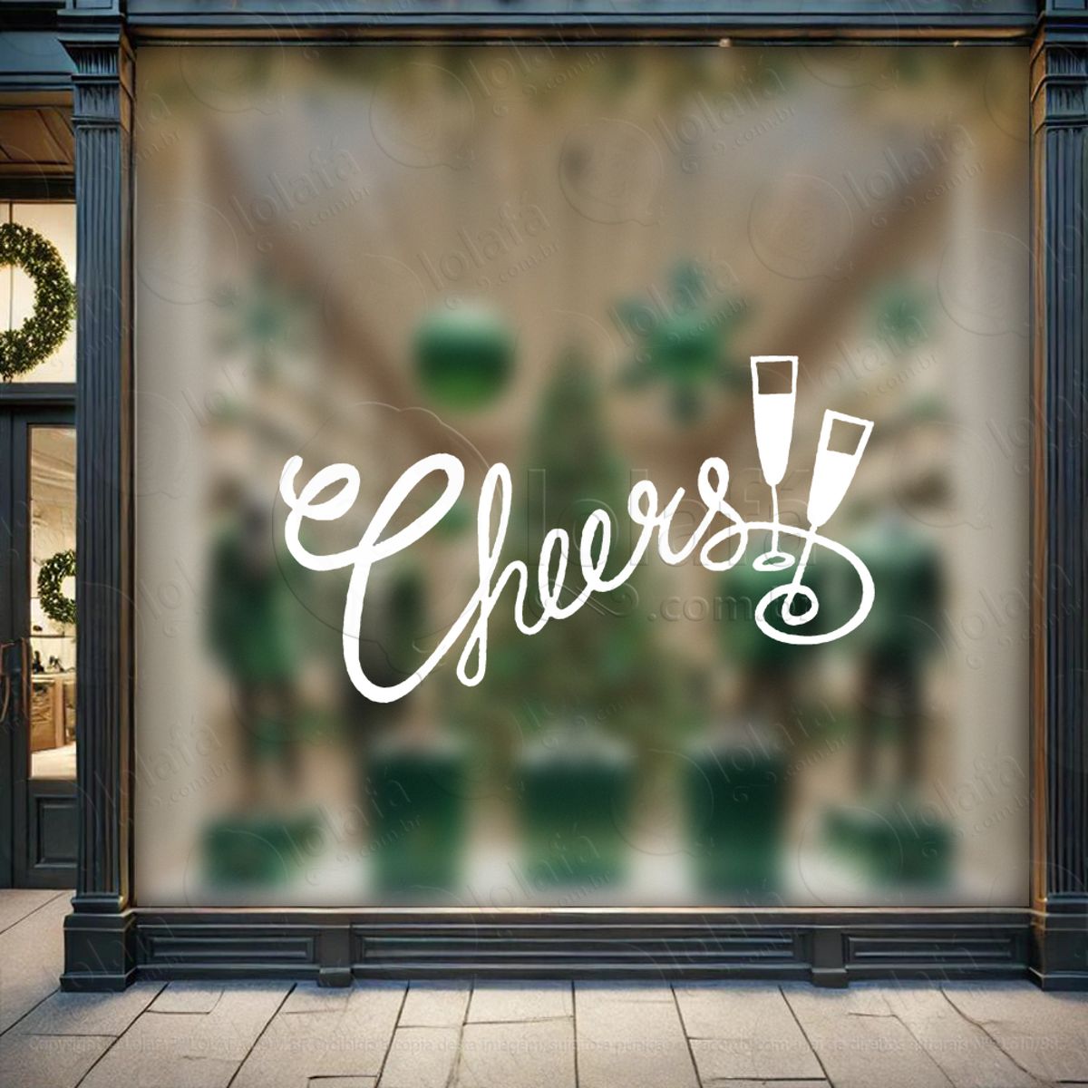 Frase de Fim de Ano Cheers e Taças Adesivo de Natal para Vitrine, Parede, Porta - Fácil Remoção Mod:362