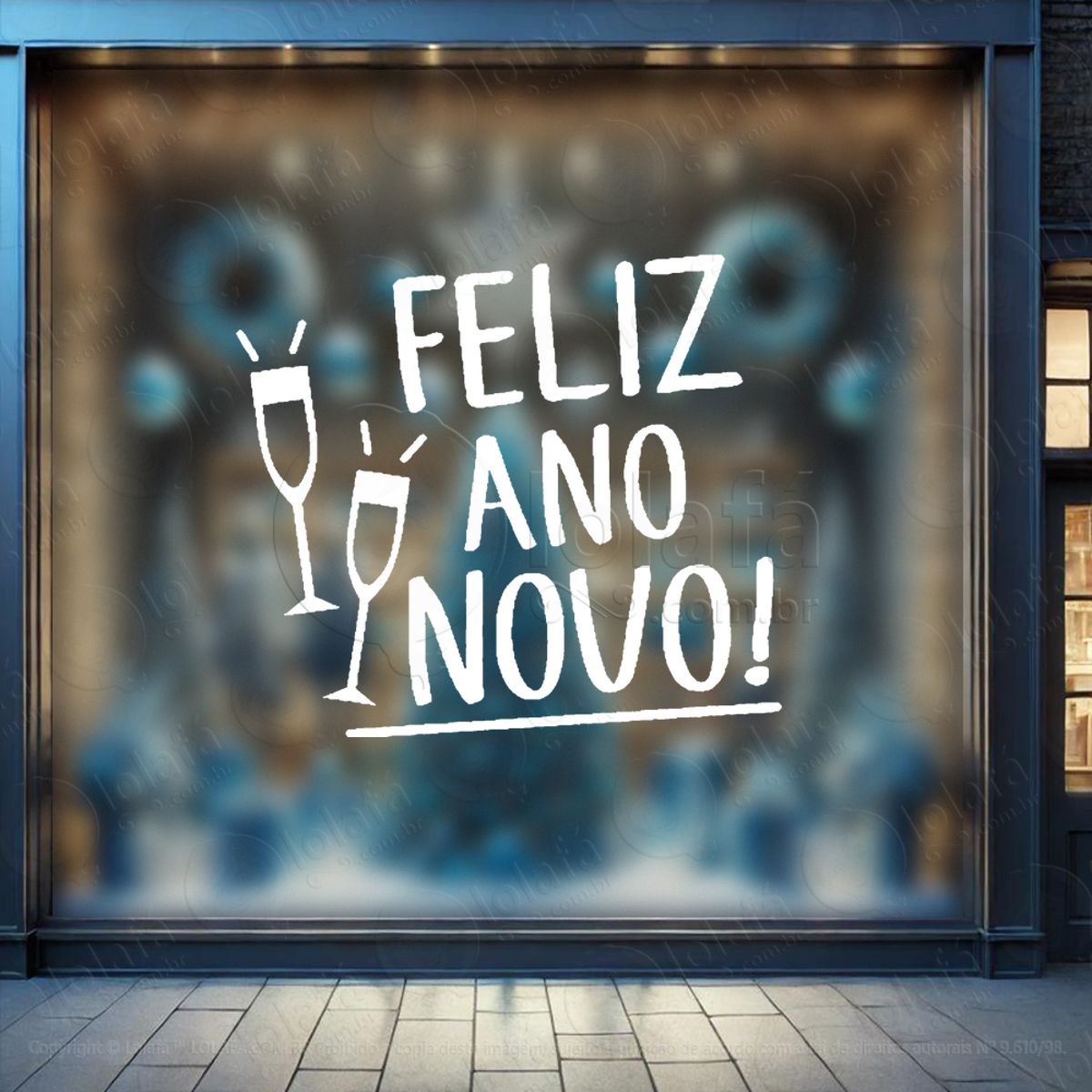 Frase Feliz Ano Novo e Taças Adesivo de Natal para Vitrine, Parede, Porta - Fácil Remoção Mod:370