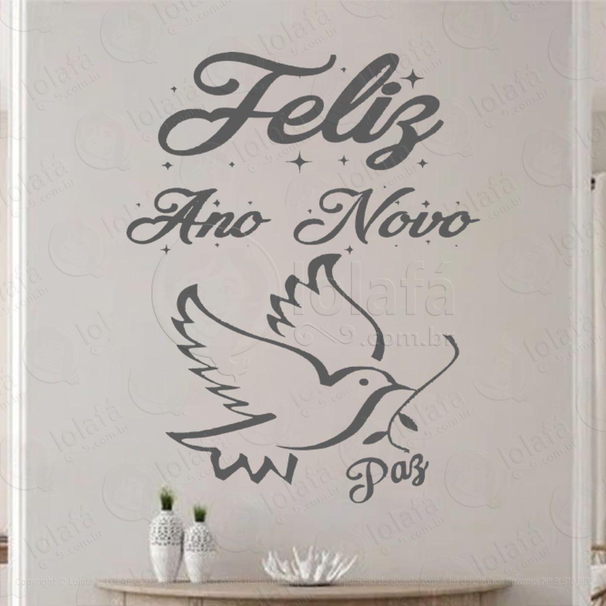 Frase Feliz Ano Novo e Pombo Paz Adesivo de Natal para Vitrine, Parede, Porta - Fácil Remoção Mod:379