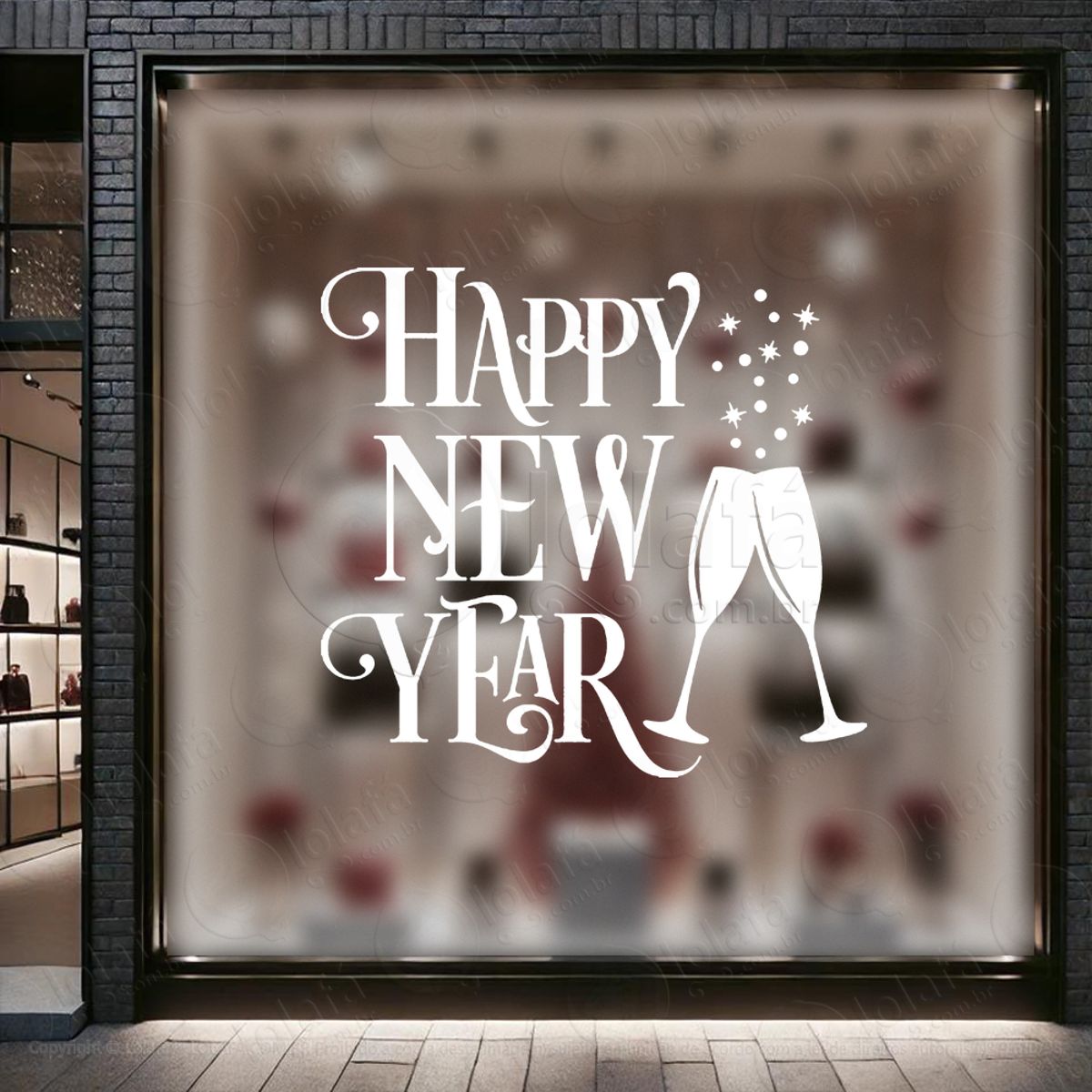 Frase Happy New Year e Taças Adesivo de Natal para Vitrine, Parede, Porta - Fácil Remoção Mod:380