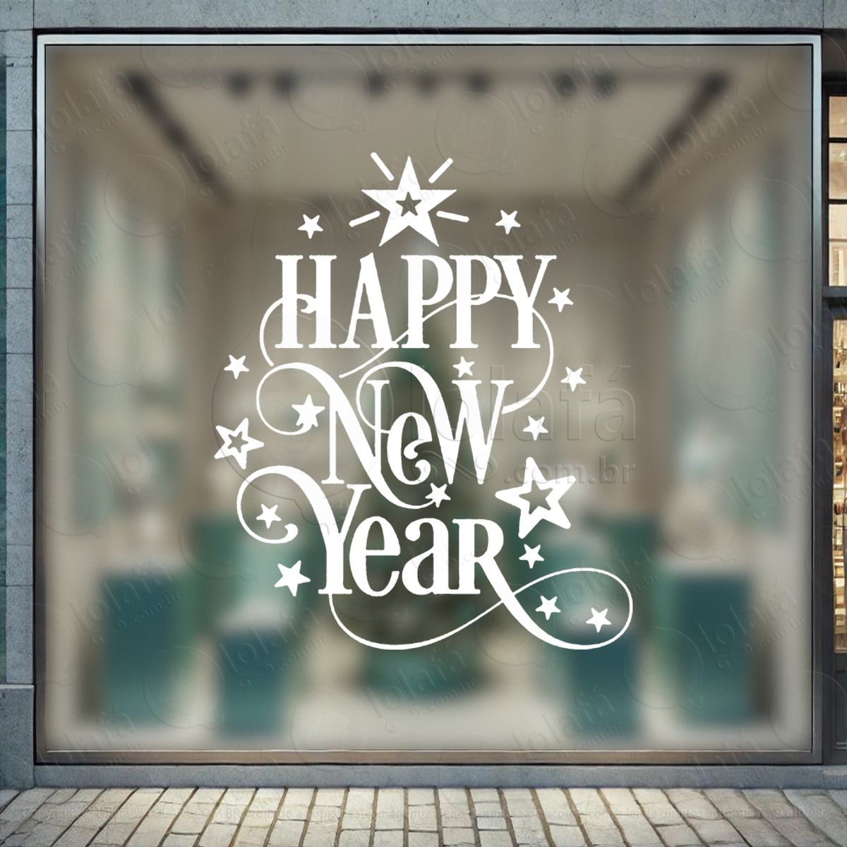 Frase Happy New Year Adesivo de Natal para Vitrine, Parede, Porta - Fácil Remoção Mod:381