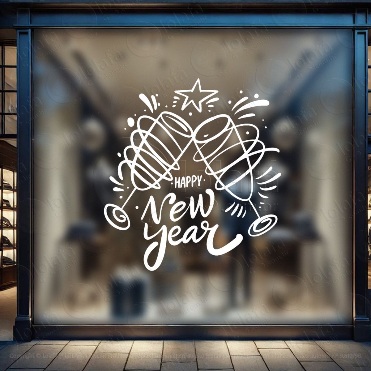 Frase Happy New Year e Taças Adesivo de Natal para Vitrine, Parede, Porta - Fácil Remoção Mod:382