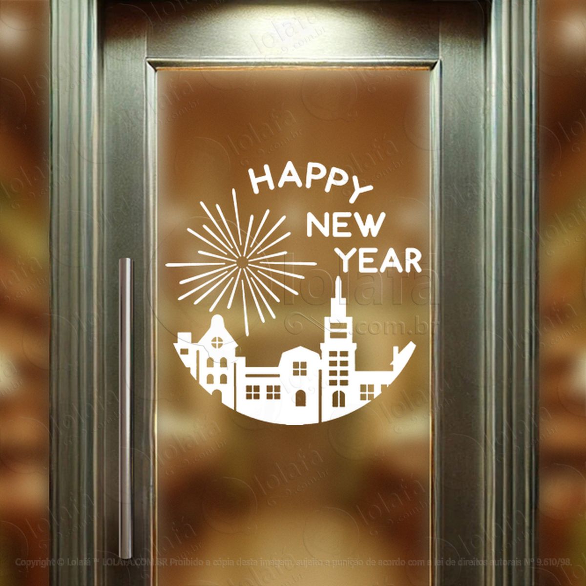 Frase Happy New Year e Cidade Adesivo de Natal para Vitrine, Parede, Porta - Fácil Remoção Mod:383