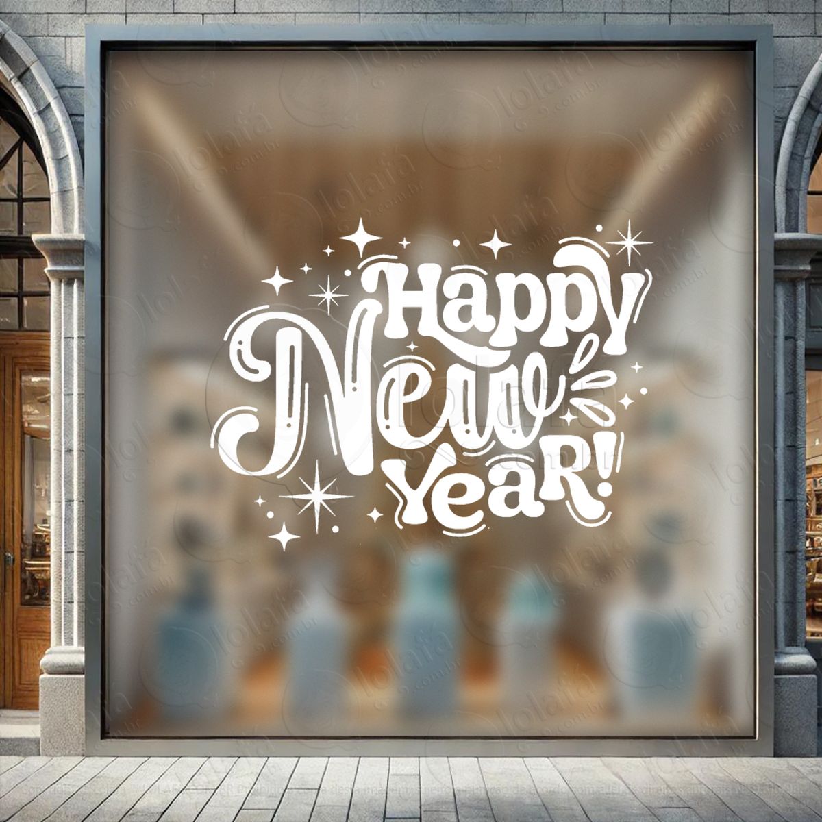 Frase Happy New Year Adesivo de Natal para Vitrine, Parede, Porta - Fácil Remoção Mod:384