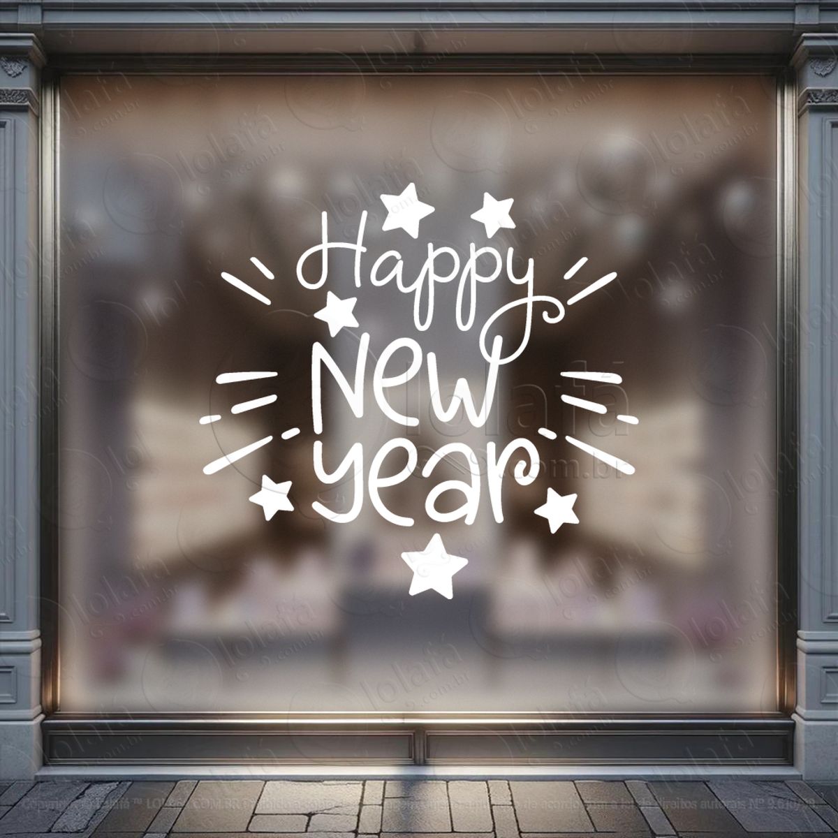 Frase Happy New Year Adesivo de Natal para Vitrine, Parede, Porta - Fácil Remoção Mod:387
