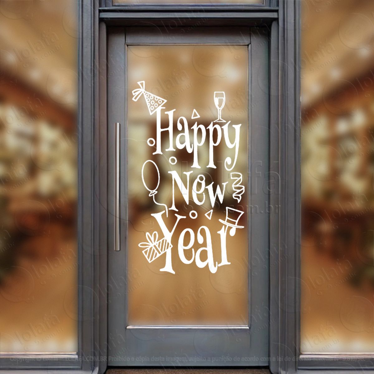 Frase Happy New Year Adesivo de Natal para Vitrine, Parede, Porta - Fácil Remoção Mod:388