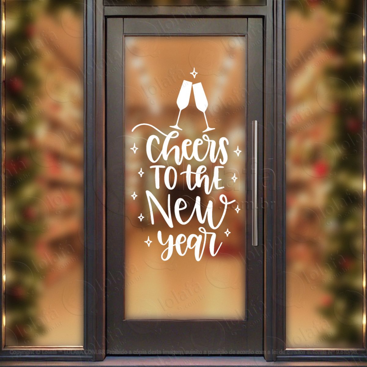 Frase Cheers to the Happy New Year Adesivo de Natal para Vitrine, Parede, Porta - Fácil Remoção Mod:389