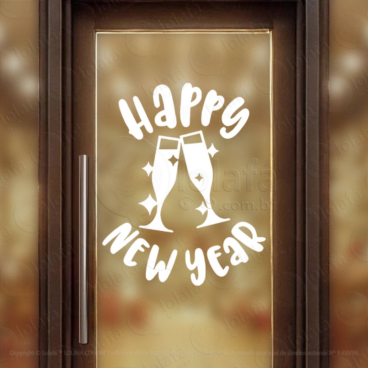 Frase Happy New Year e Taças Adesivo de Natal para Vitrine, Parede, Porta - Fácil Remoção Mod:390