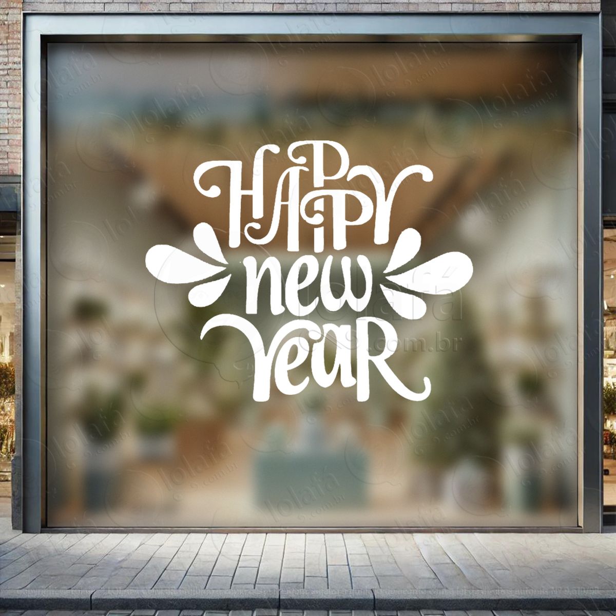 Frase Happy New Year Adesivo de Natal para Vitrine, Parede, Porta - Fácil Remoção Mod:394