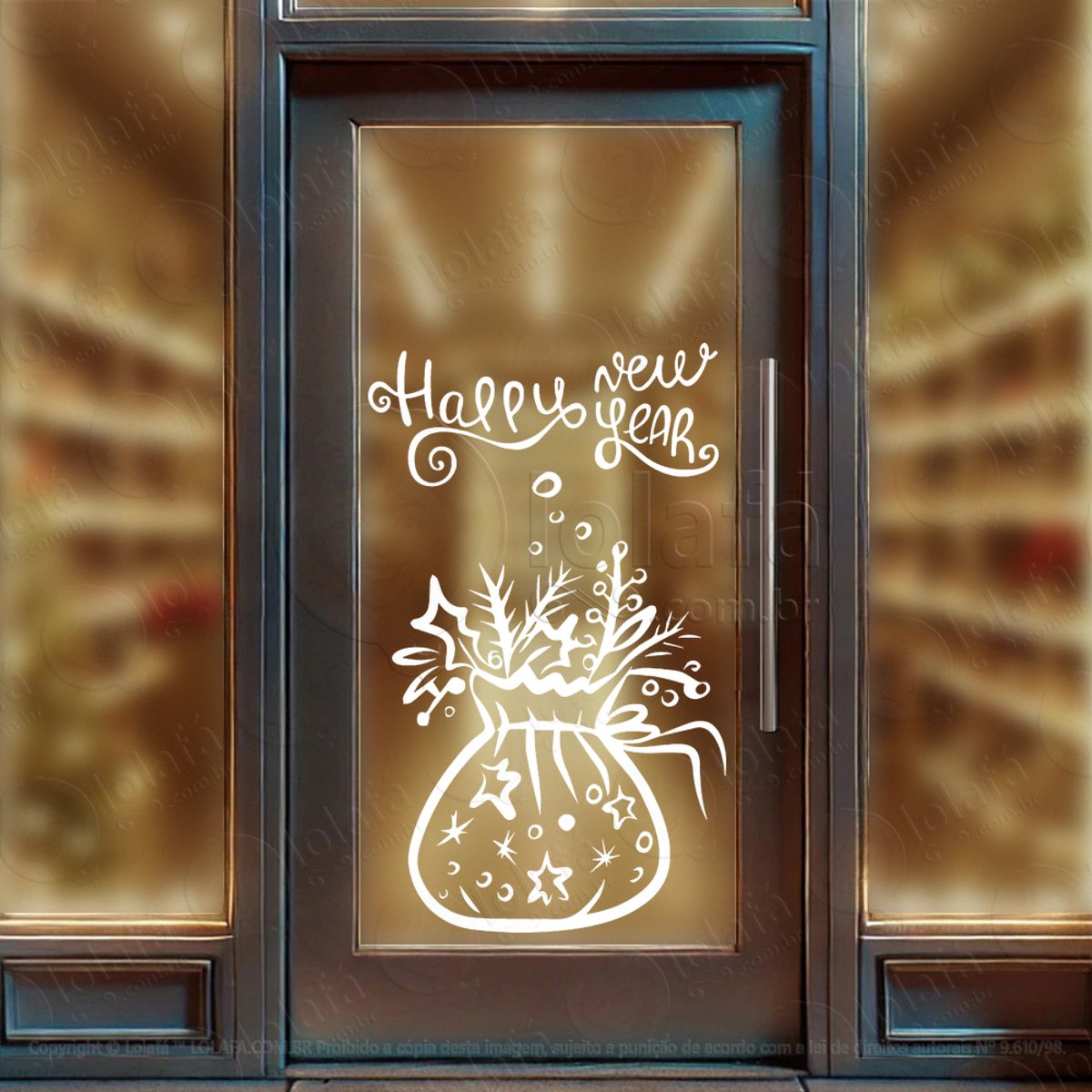 Frase Happy New Year Adesivo de Natal para Vitrine, Parede, Porta - Fácil Remoção Mod:396