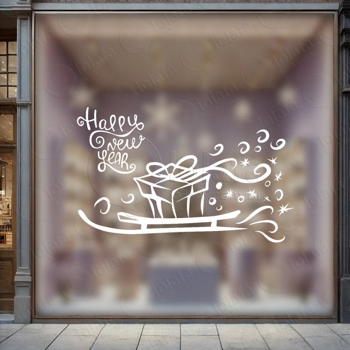 Frase Happy New Year e Trenó Adesivo de Natal para Vitrine, Parede, Porta - Fácil Remoção Mod:397