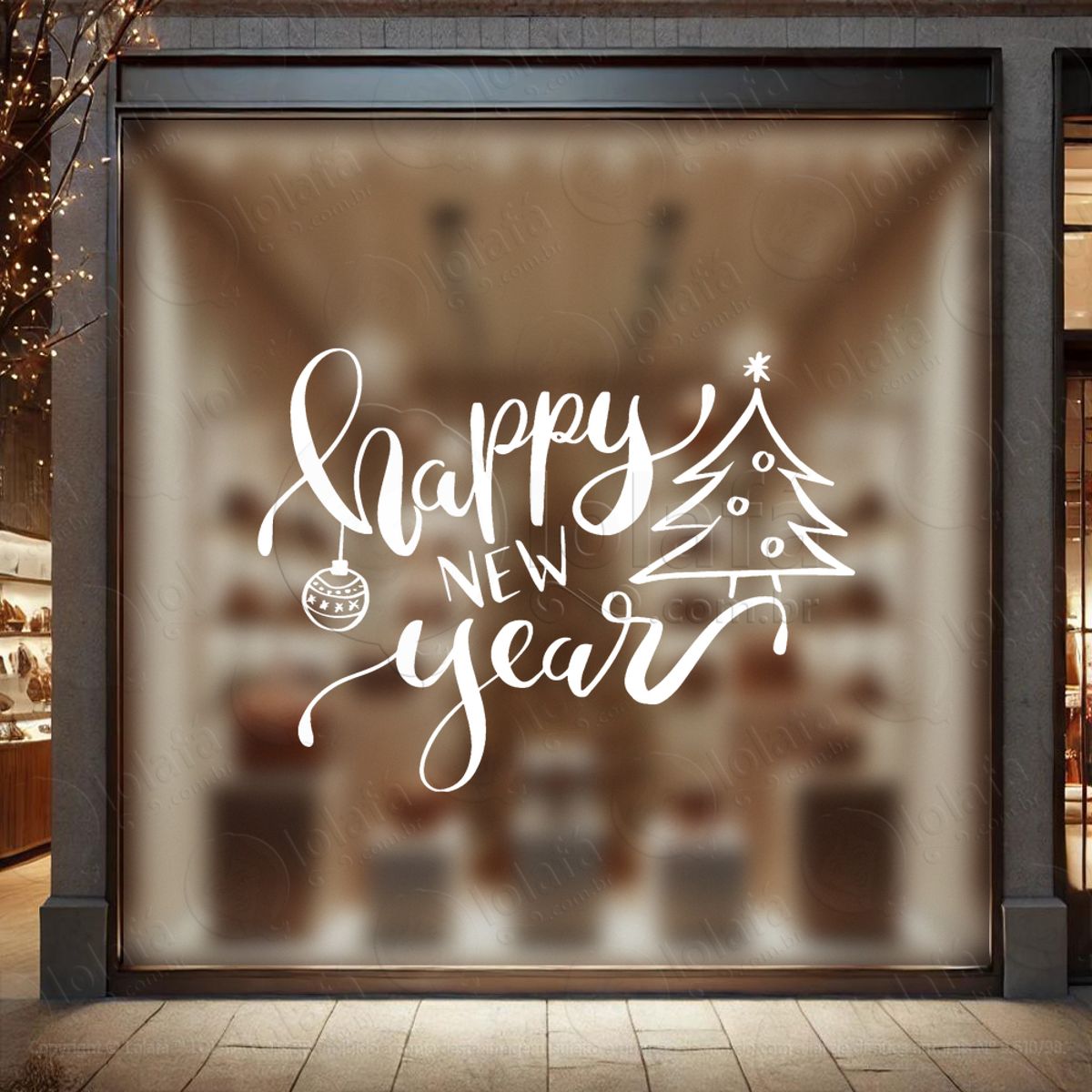 Frase Happy New Year e Árvore Adesivo de Natal para Vitrine, Parede, Porta - Fácil Remoção Mod:398