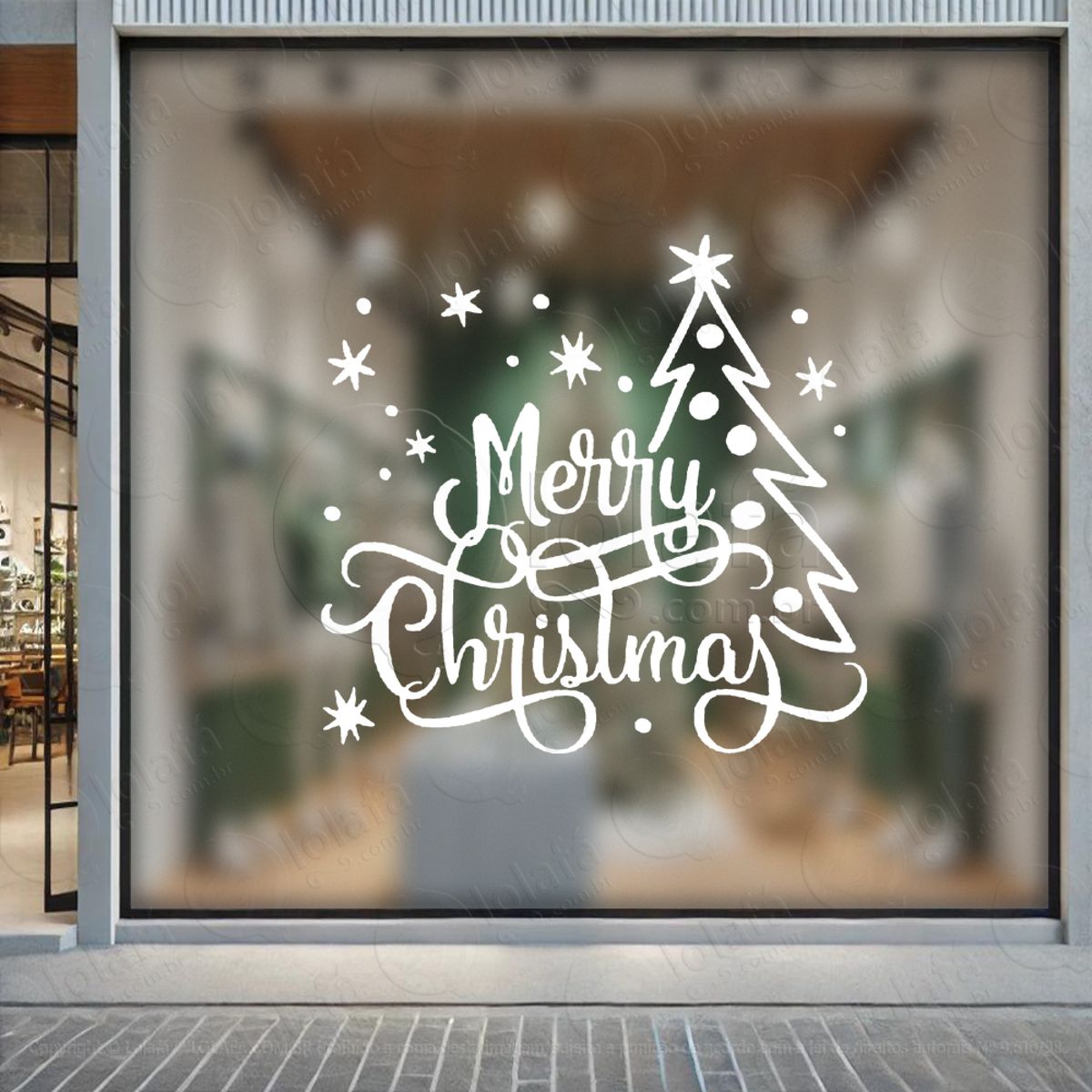 Frase Merry Christmas e Árvore Adesivo de Natal para Vitrine, Parede, Porta - Fácil Remoção Mod:401